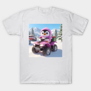 Penguin riding atv through snow T-Shirt